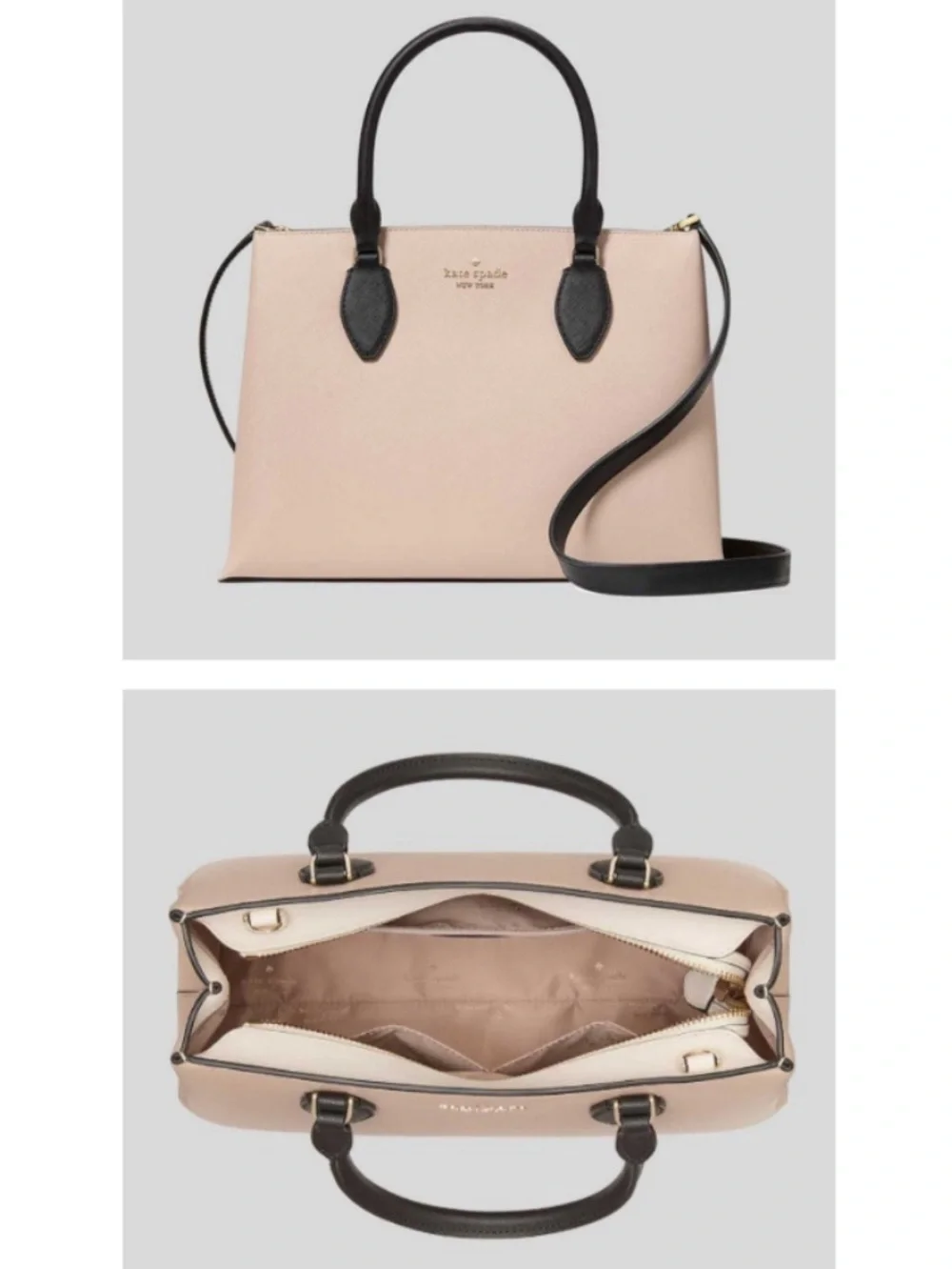 Kate Spade Rae Medium Satchel Warm Beige Black Saffiano NWT KK992
